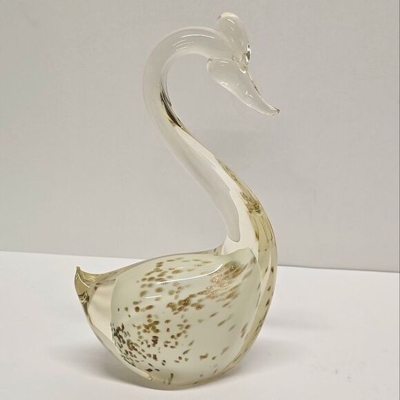 Vintage MCM Gold Flake Hand Blown Glass Swan Figurine Clear / White - Picture 2 of 8
